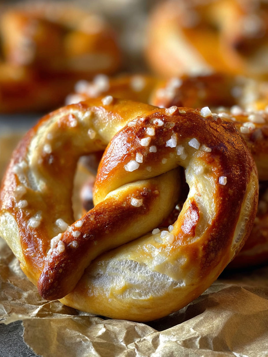 A close up of a soft pretzel with salt on it.
