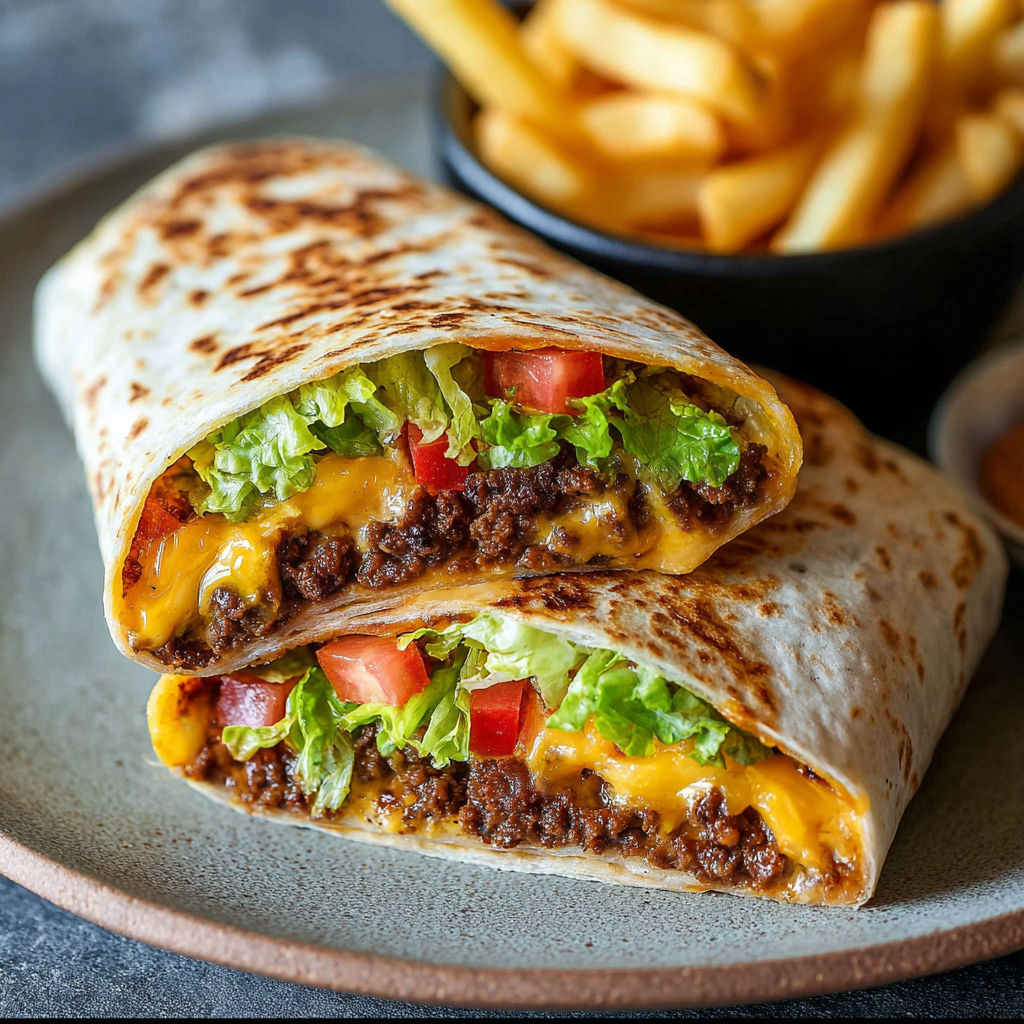 A cheeseburger wrap with lettuce and tomato.