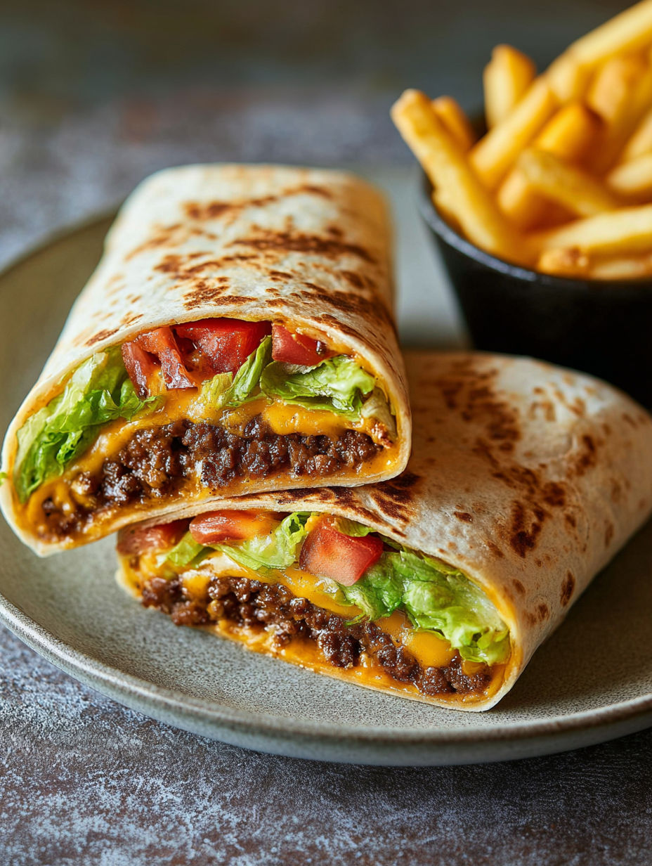 A burrito with cheese and tomatoes.