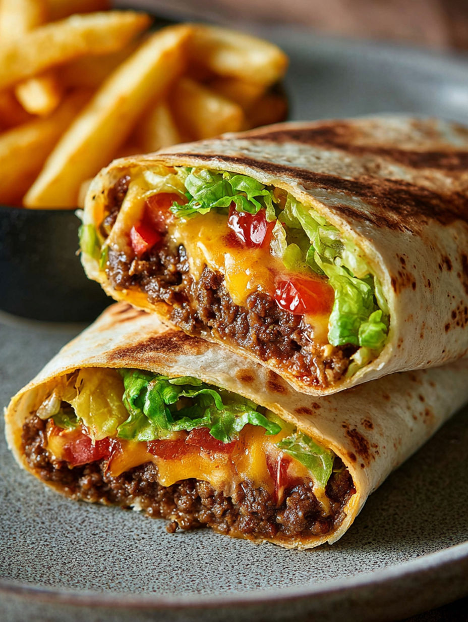 A burrito with lettuce and tomatoes.