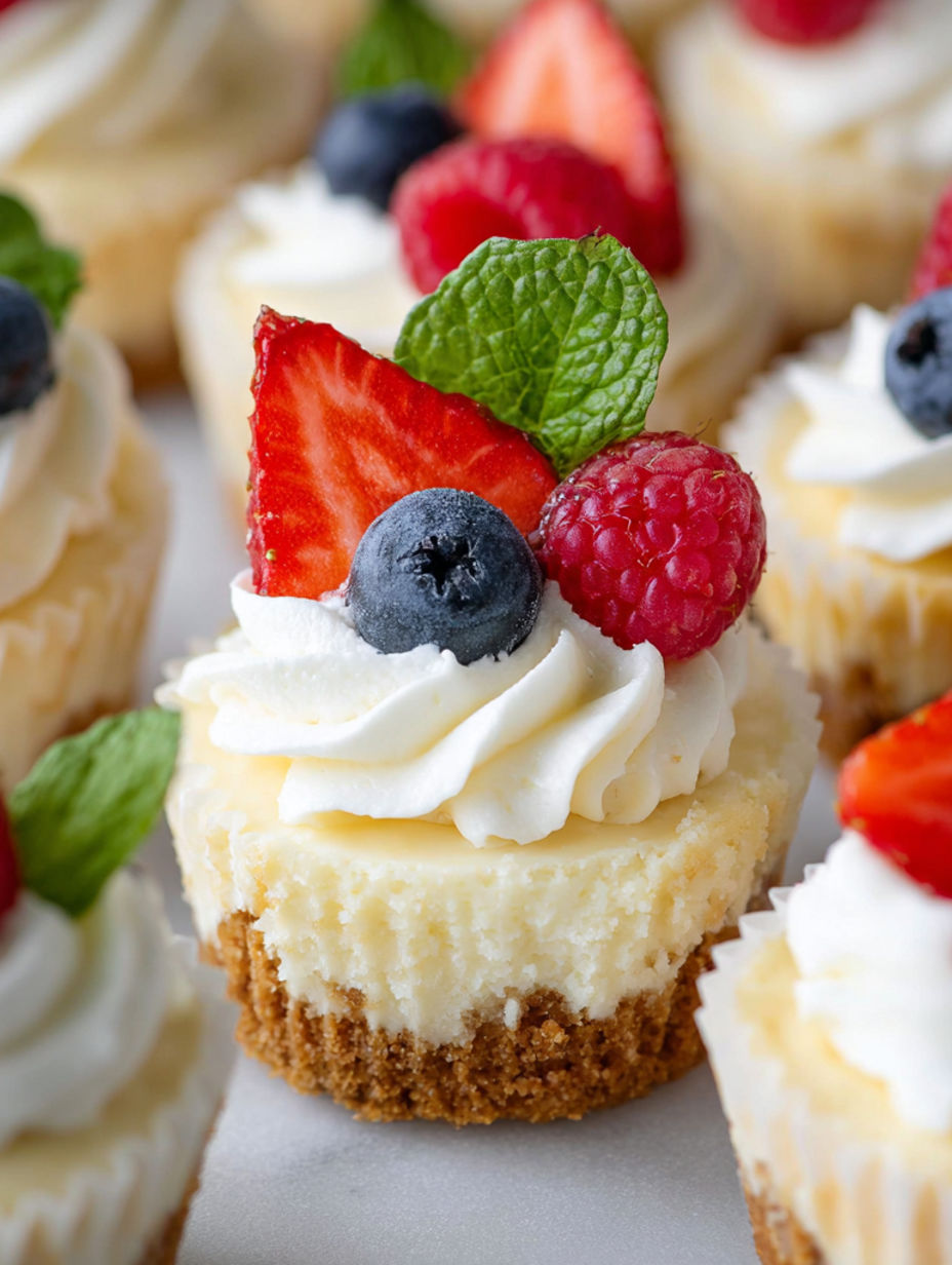 A cupcake with a blueberry, raspberry, and mint leaf on top.