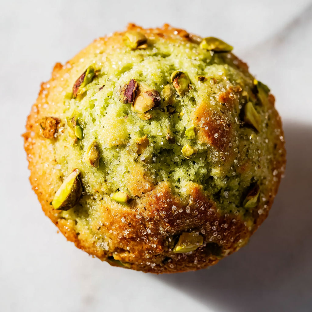 A close up of a pistachio muffin.