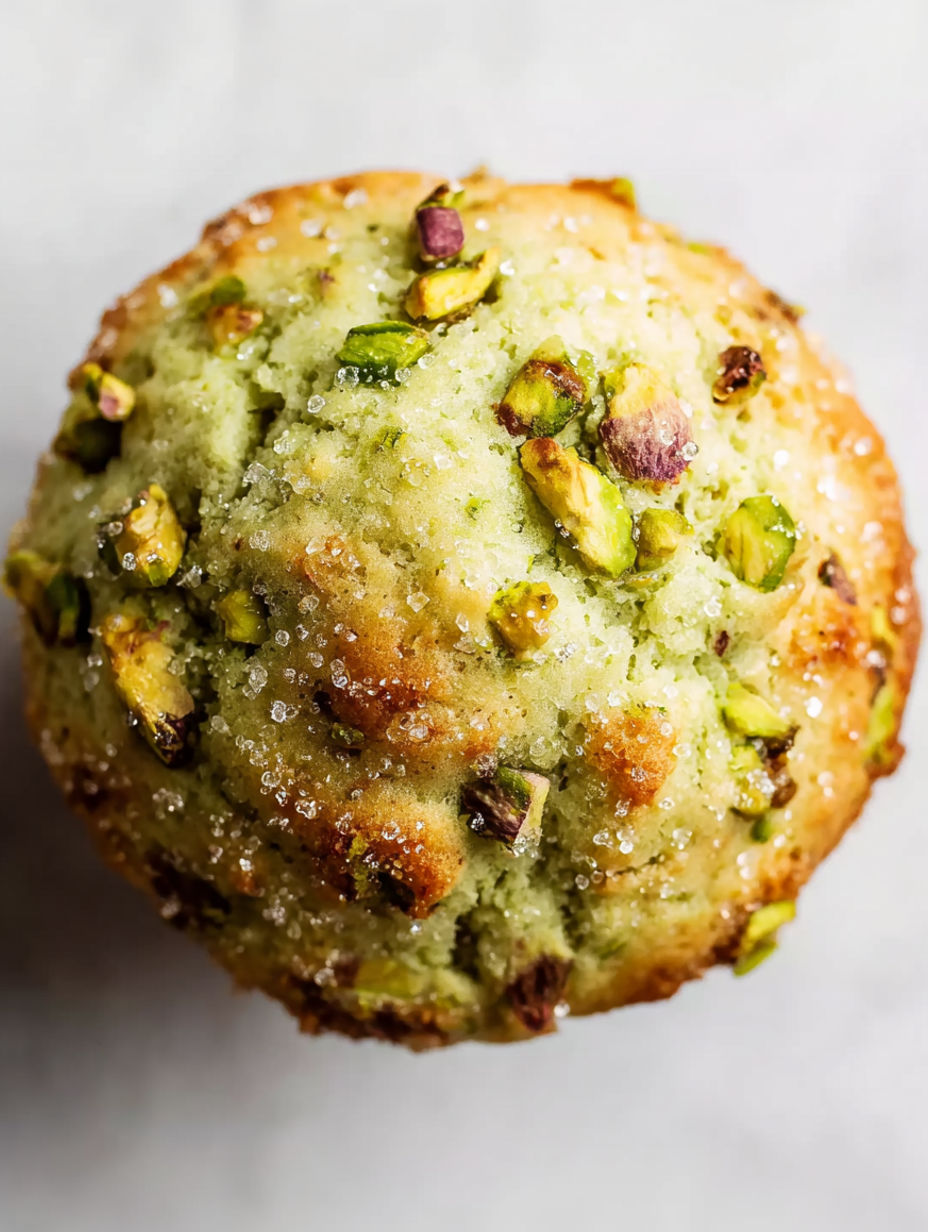 A close up of a pistachio muffin.