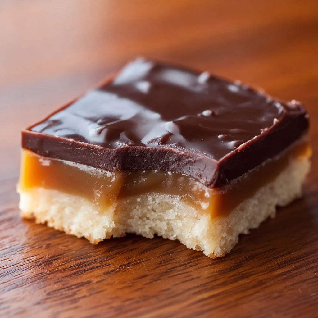 A Twix Cookie Bar on a wooden table.
