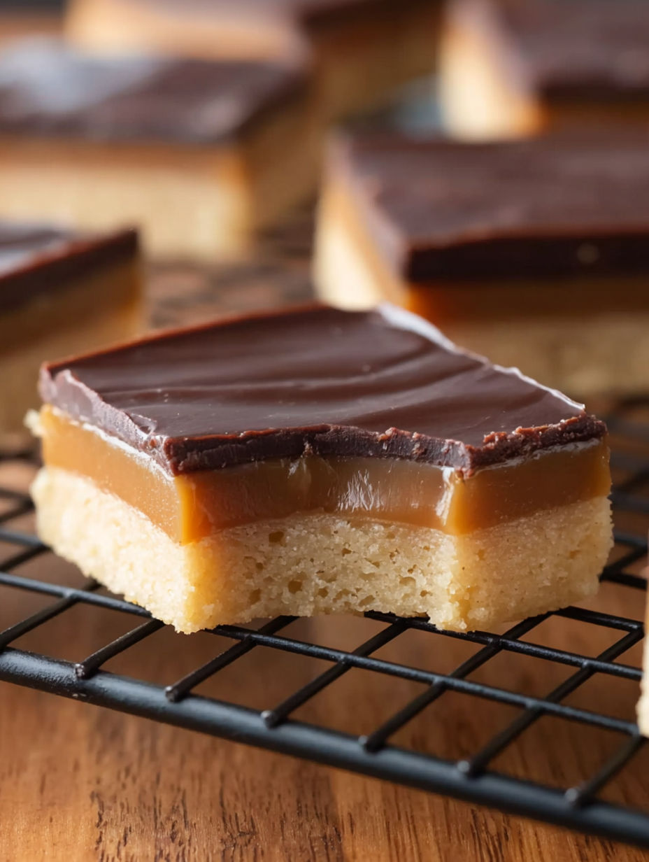 A close up of a Twix cookie bar.