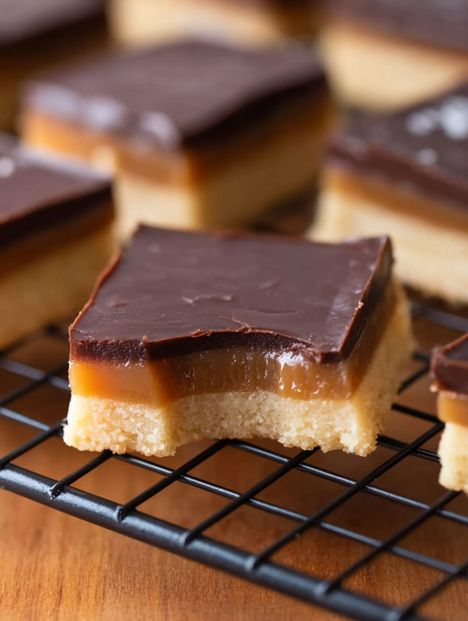 Twix Cookie Bars on a cooling rack.