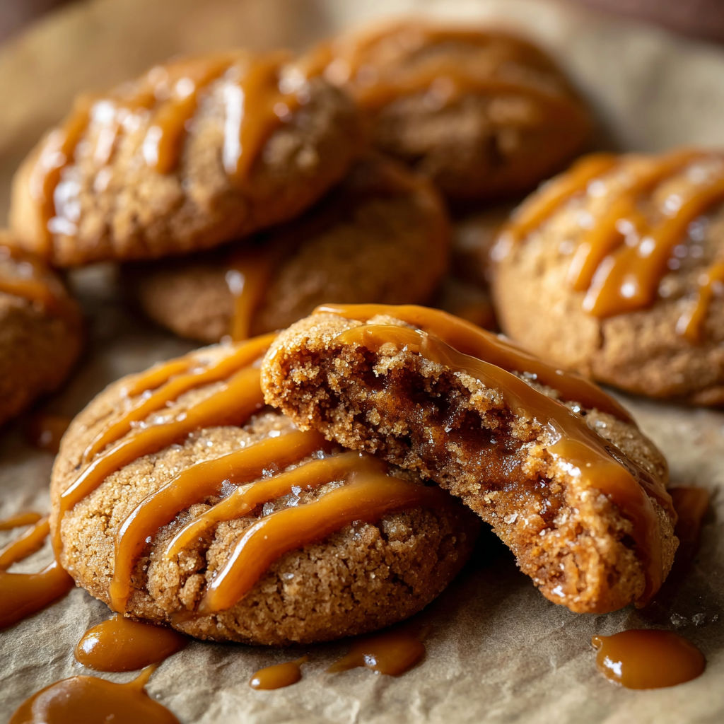 A close up of a cookie with caramel drizzled on it.