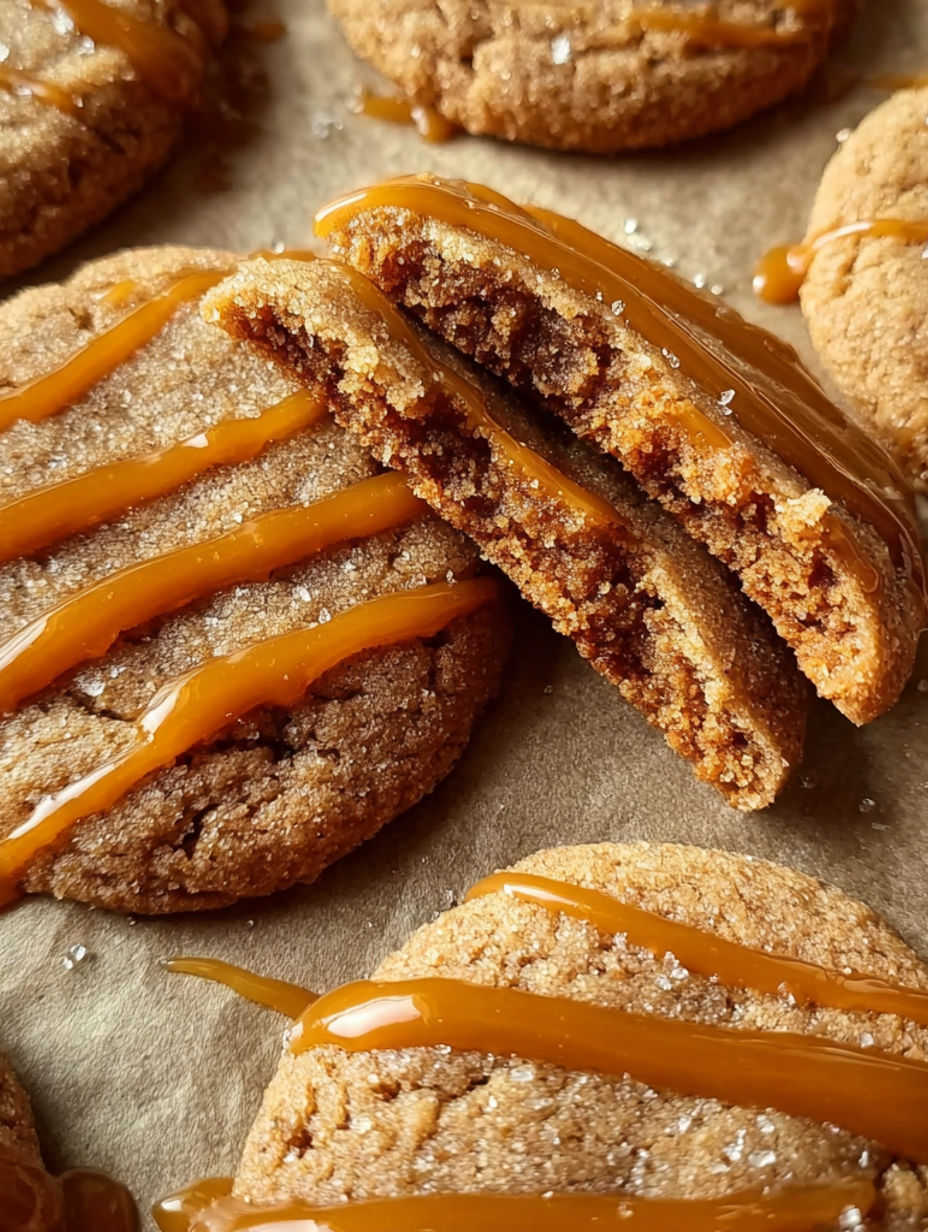 A close up of a cookie with caramel drizzled on top.