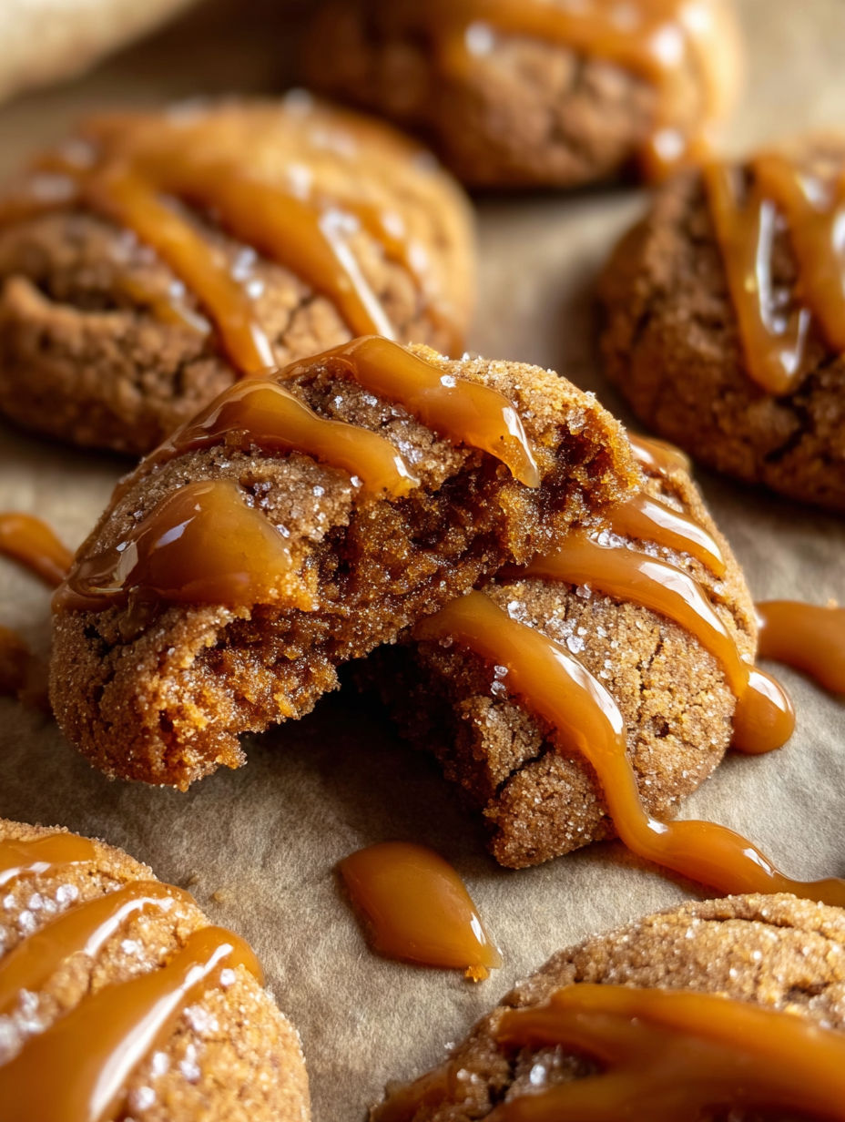 A close up of a cookie with caramel drizzled on top.