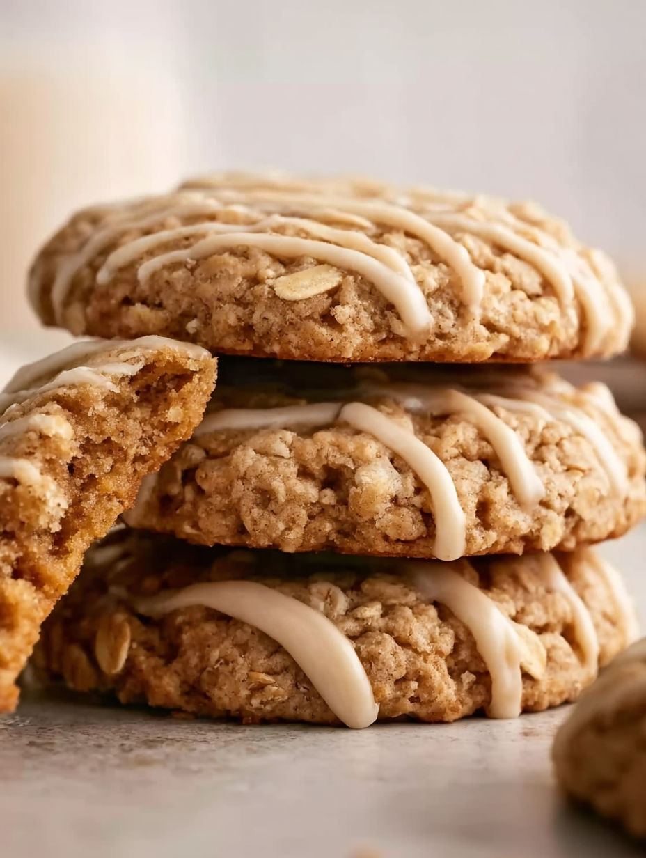 Maple oatmeal cookies stacked on a counter.