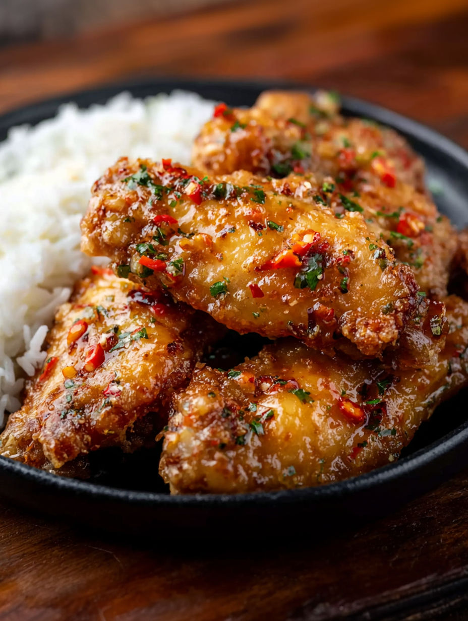 A plate of bang bang chicken with rice.