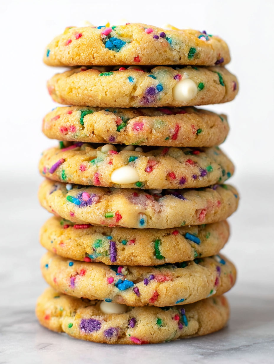Stack of white chocolate confetti cookies.