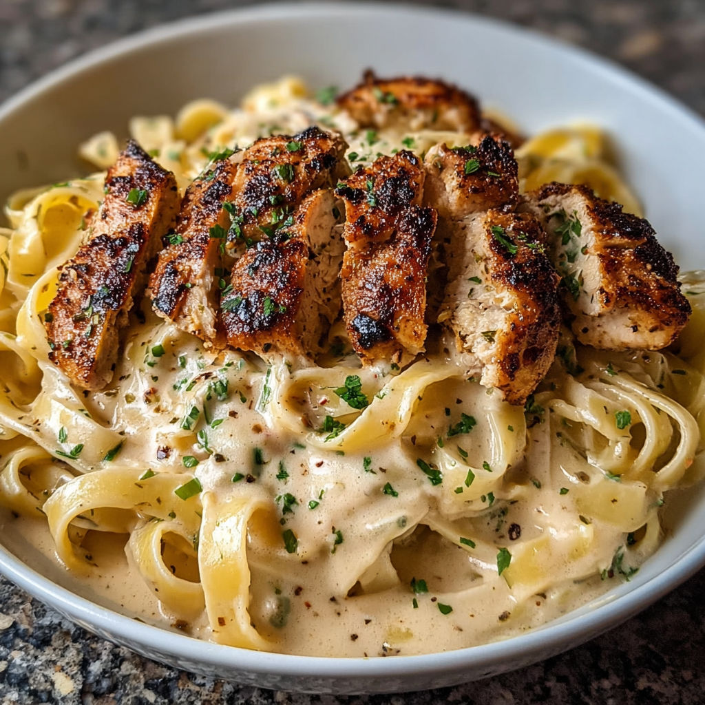 A bowl of blackened Cajun chicken Alfredo.