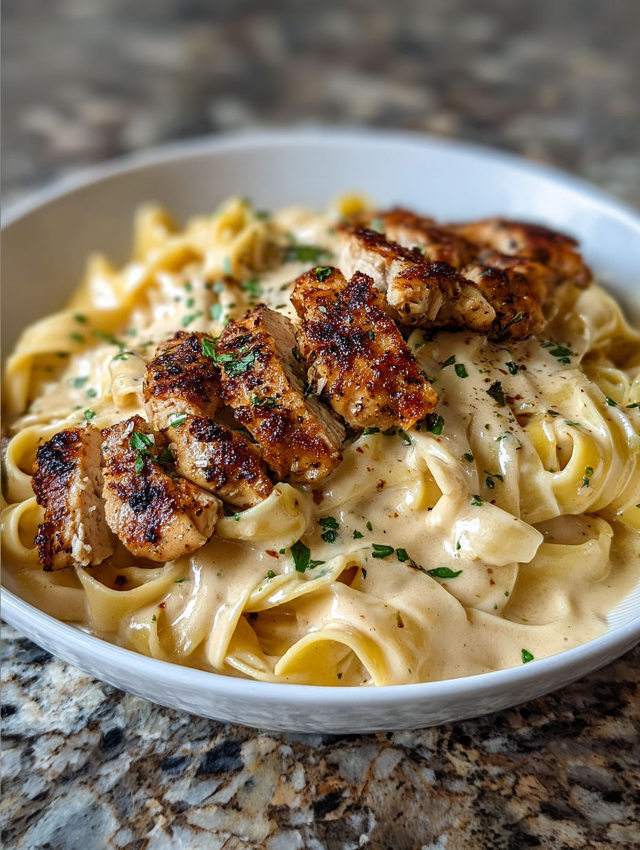 A bowl of pasta with blackened chicken and Alfredo sauce.
