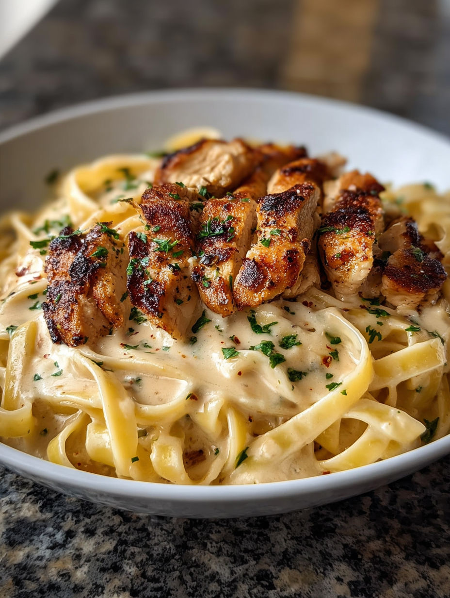 A bowl of blackened cajun chicken alfredo.