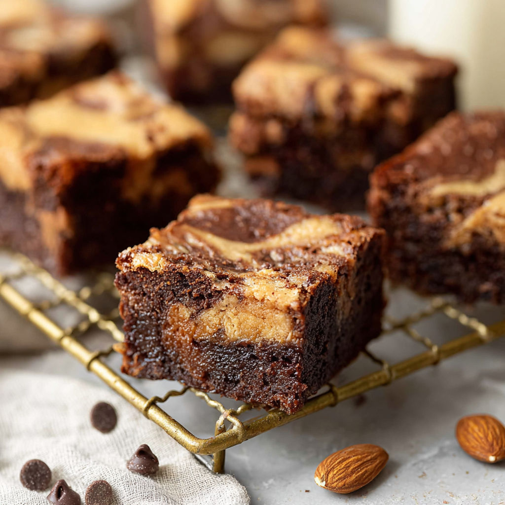 A tray of peanut butter swirl brownies.