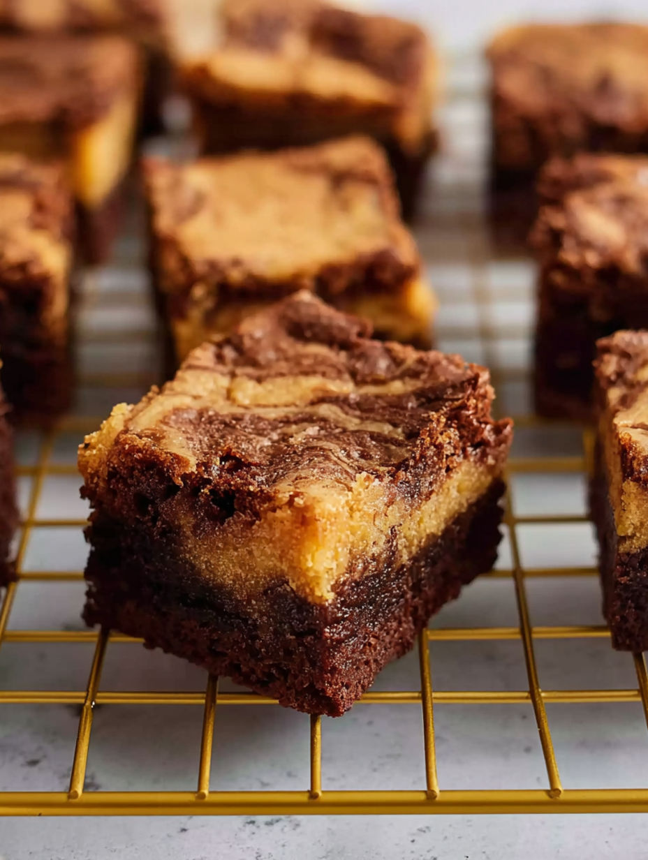 A close up of a chocolate brownie with caramel and peanut butter.