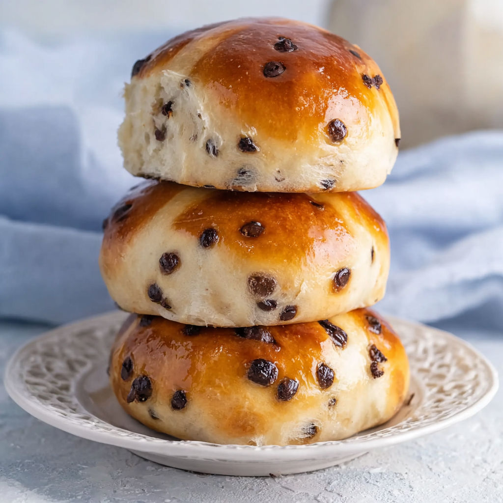 Three stacked bread rolls with raisins.