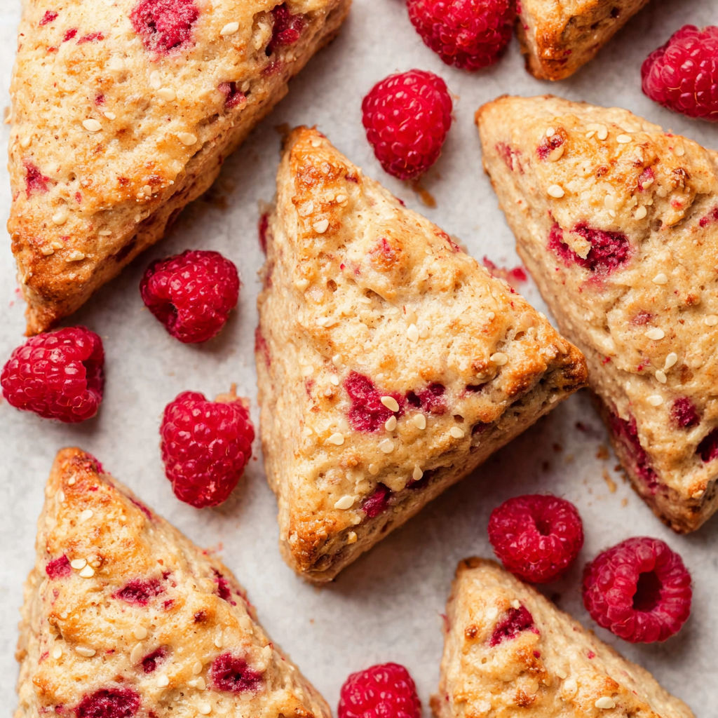 Raspberry and almond scones with raspberries on top.