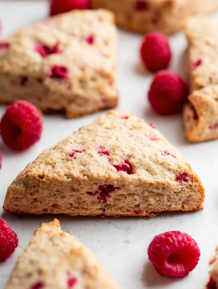 A close up of a raspberry on a scone.