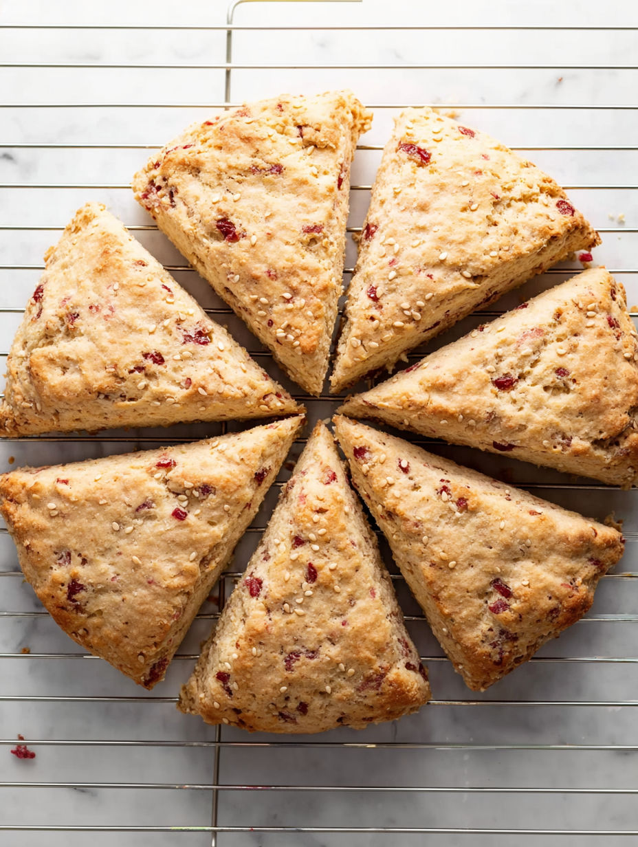 Scones cut into wedges with red jam.