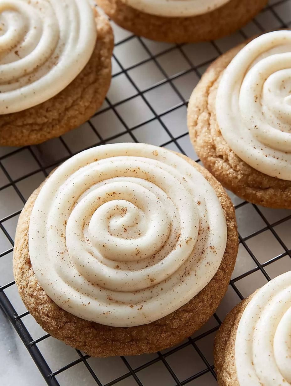 A plate of cookies with white frosting and cinnamon.
