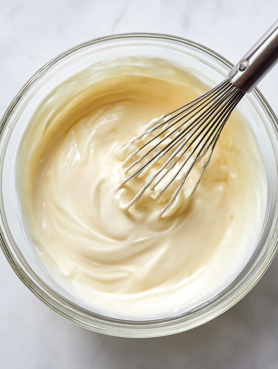 A spoon is in a bowl of Frischkäse-Frosting.