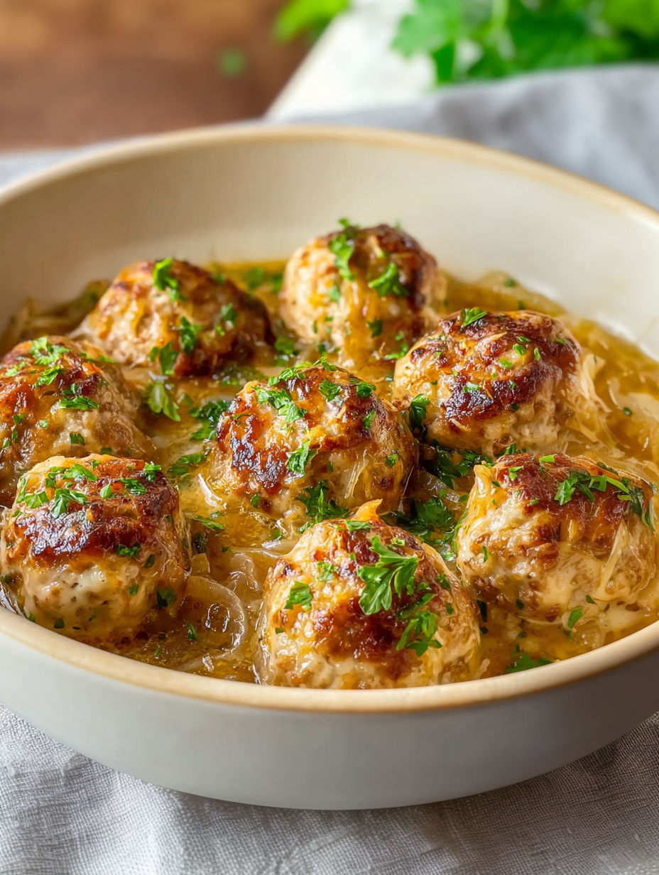 A bowl of meatballs in a creamy sauce.