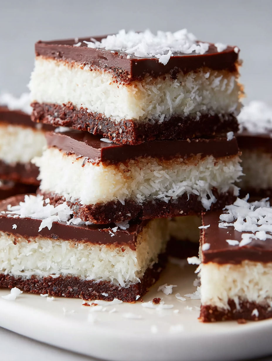 A stack of chocolate and coconut cake bars.