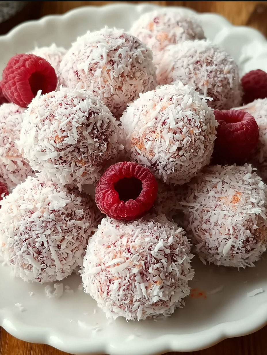A plate of raspberry and coconut treats.