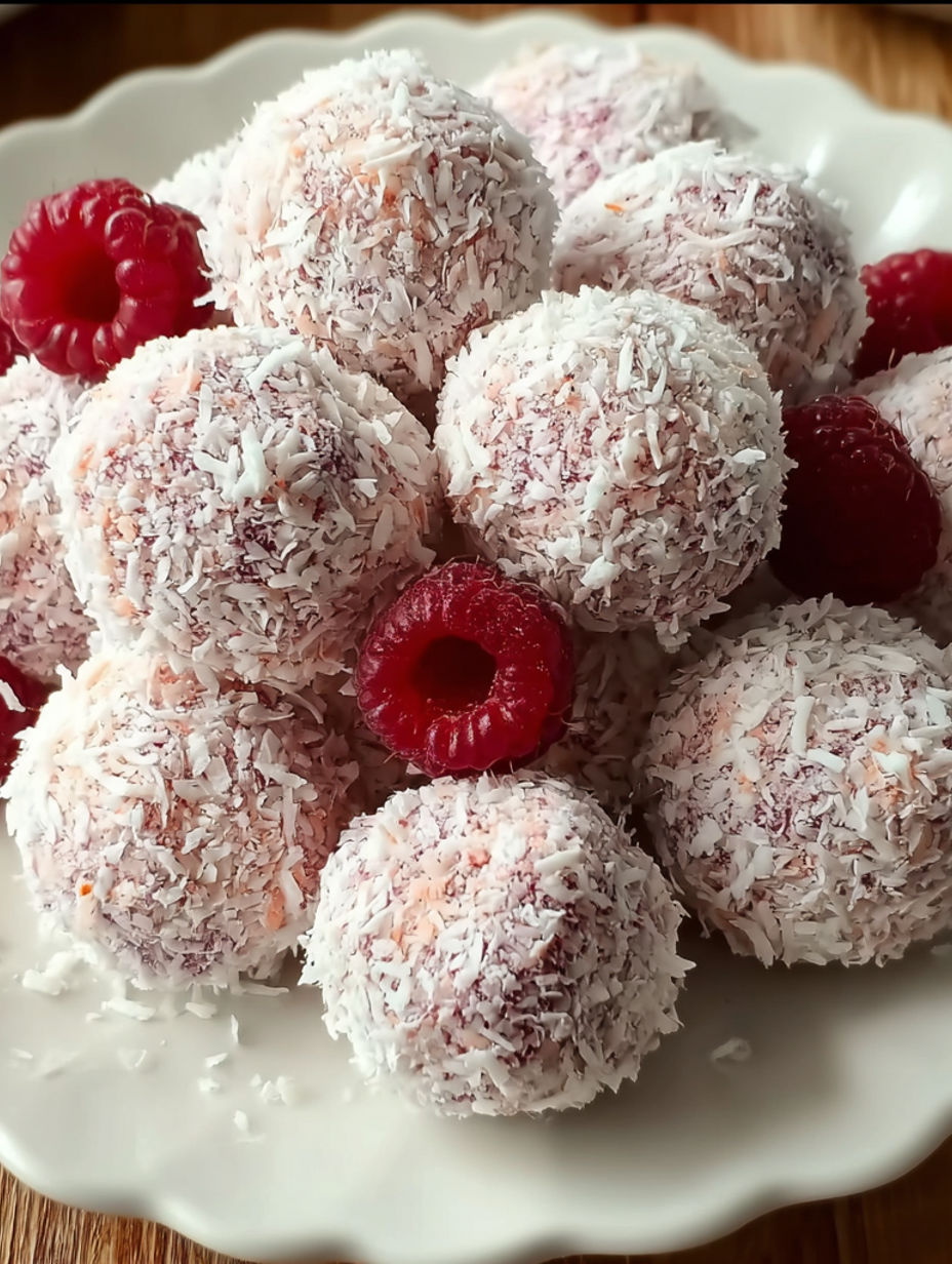 A plate of raspberry and coconut flavored treats.