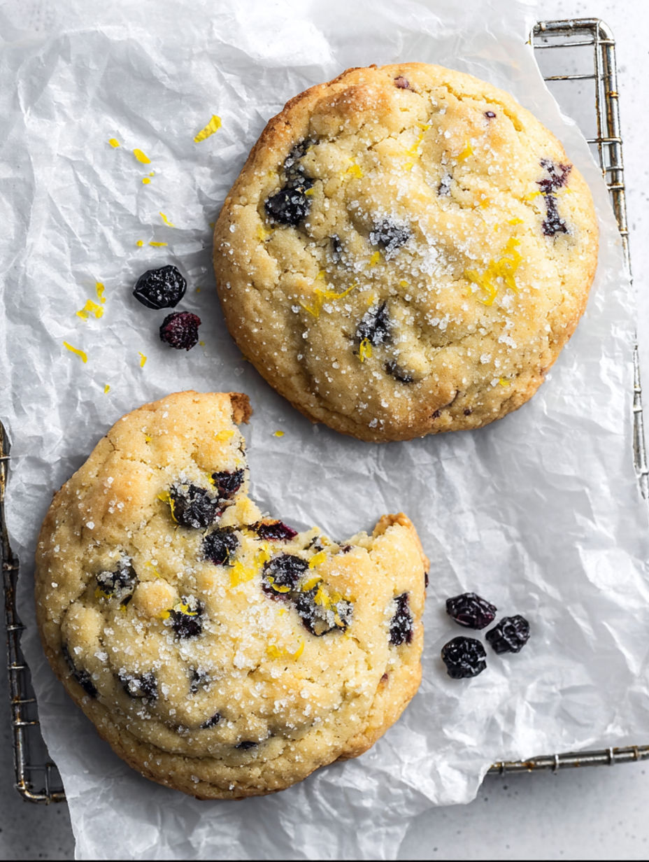 Two slices of zitronen-heidelbeer-kekse on a wire rack.