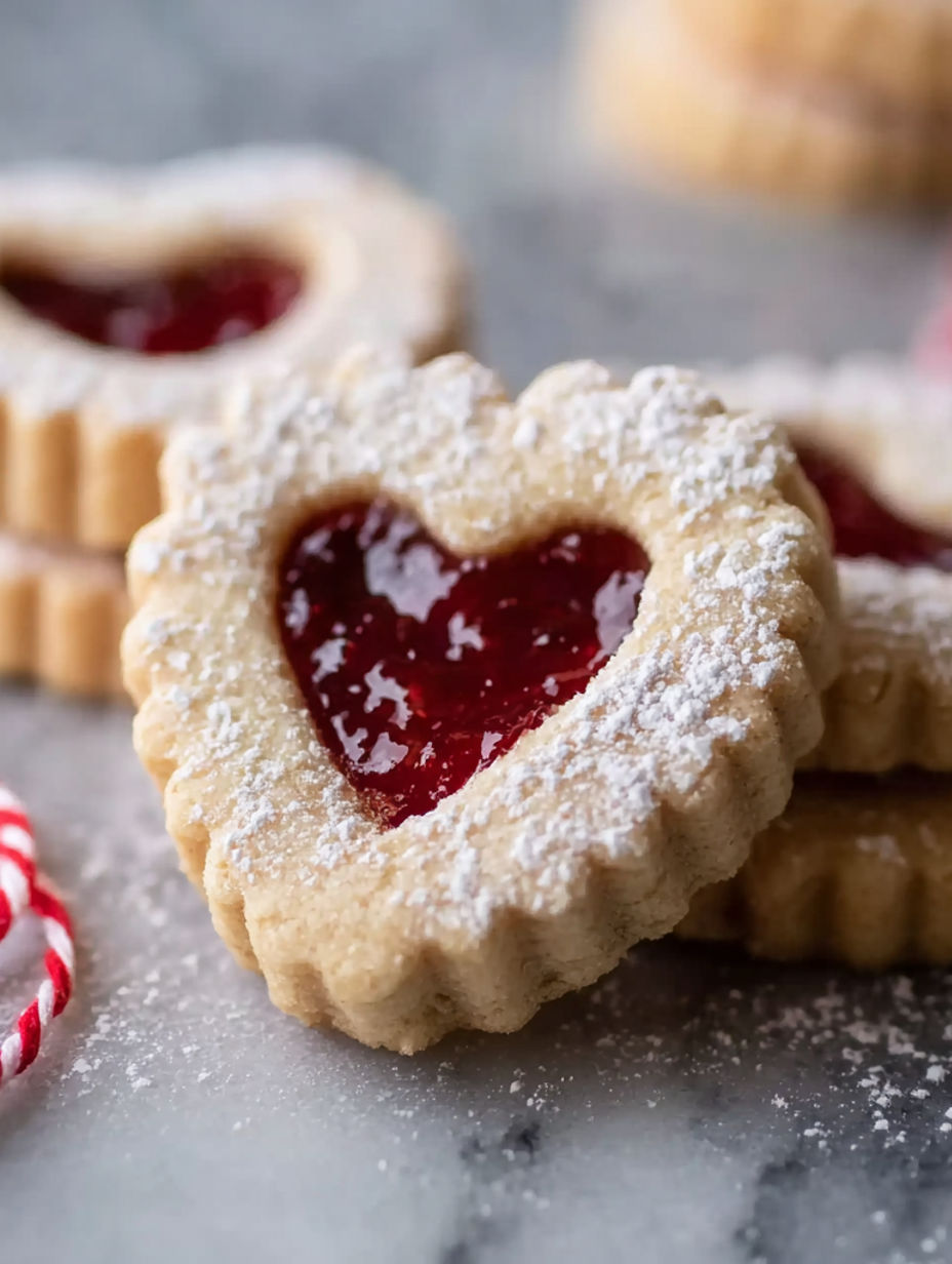 A heart shaped cookie with jam in the middle.