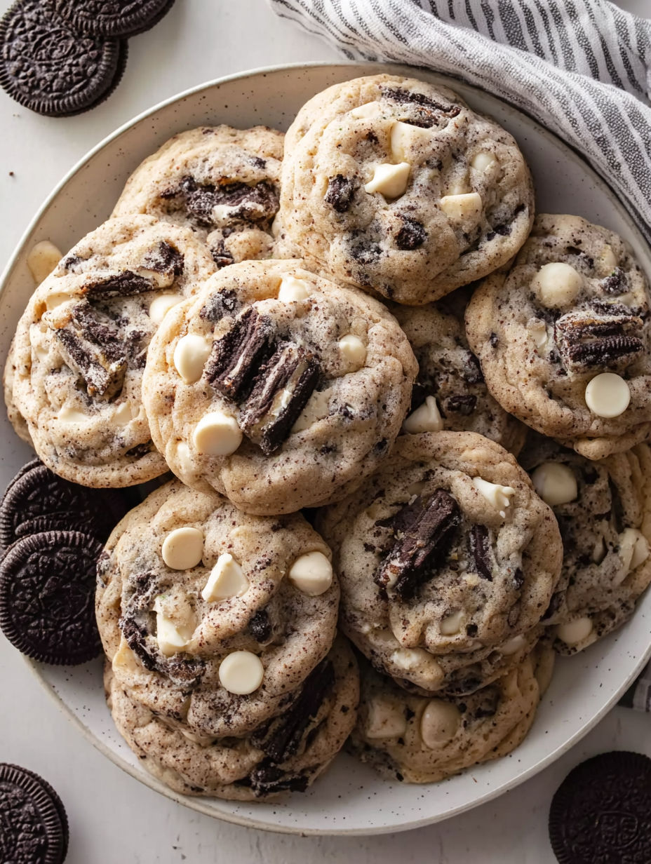 A plate of cookies and cream cookies.