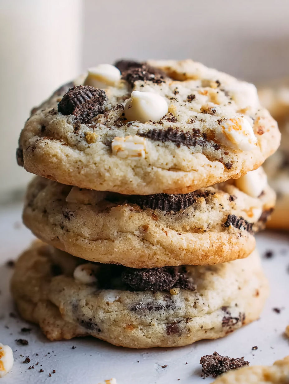 Three stacked cookies with white cream filling.