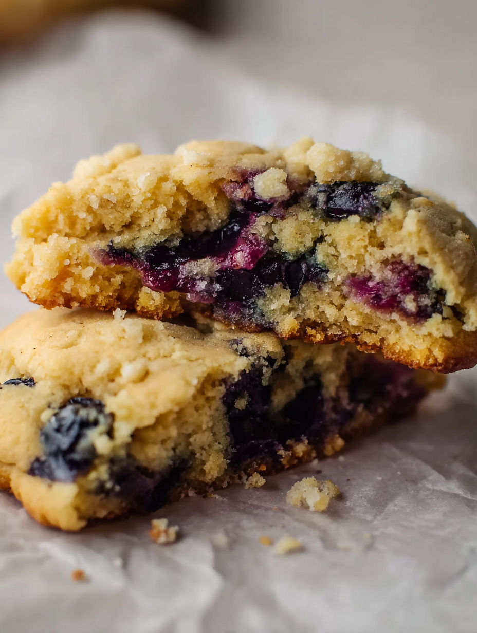 Two blueberry muffin cookies with crumbles.