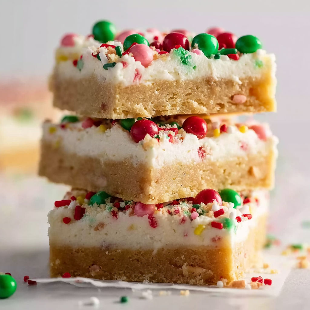 Three bars of Christmas sugar cookie bars.