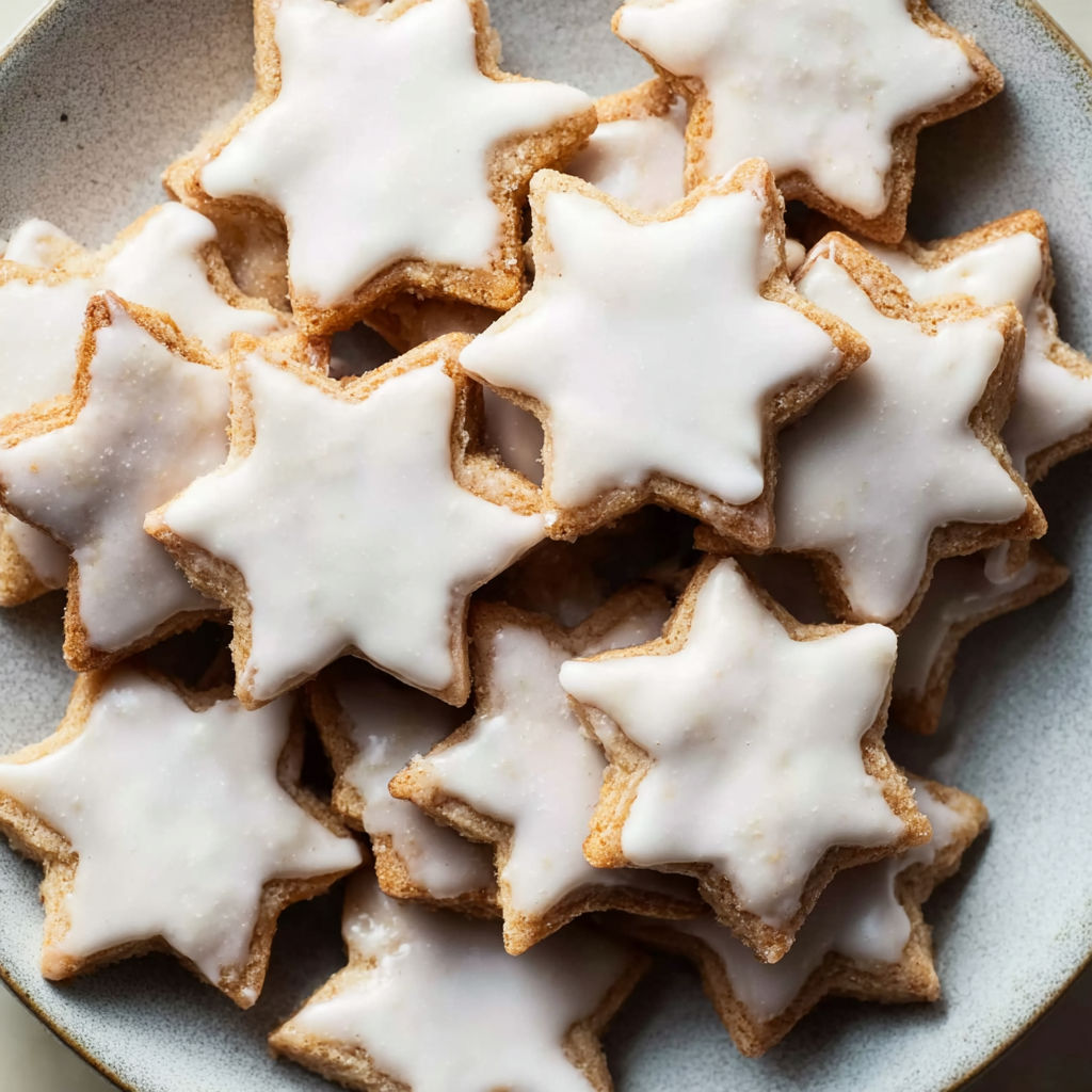 A plate of cookies with white icing and star shapes.