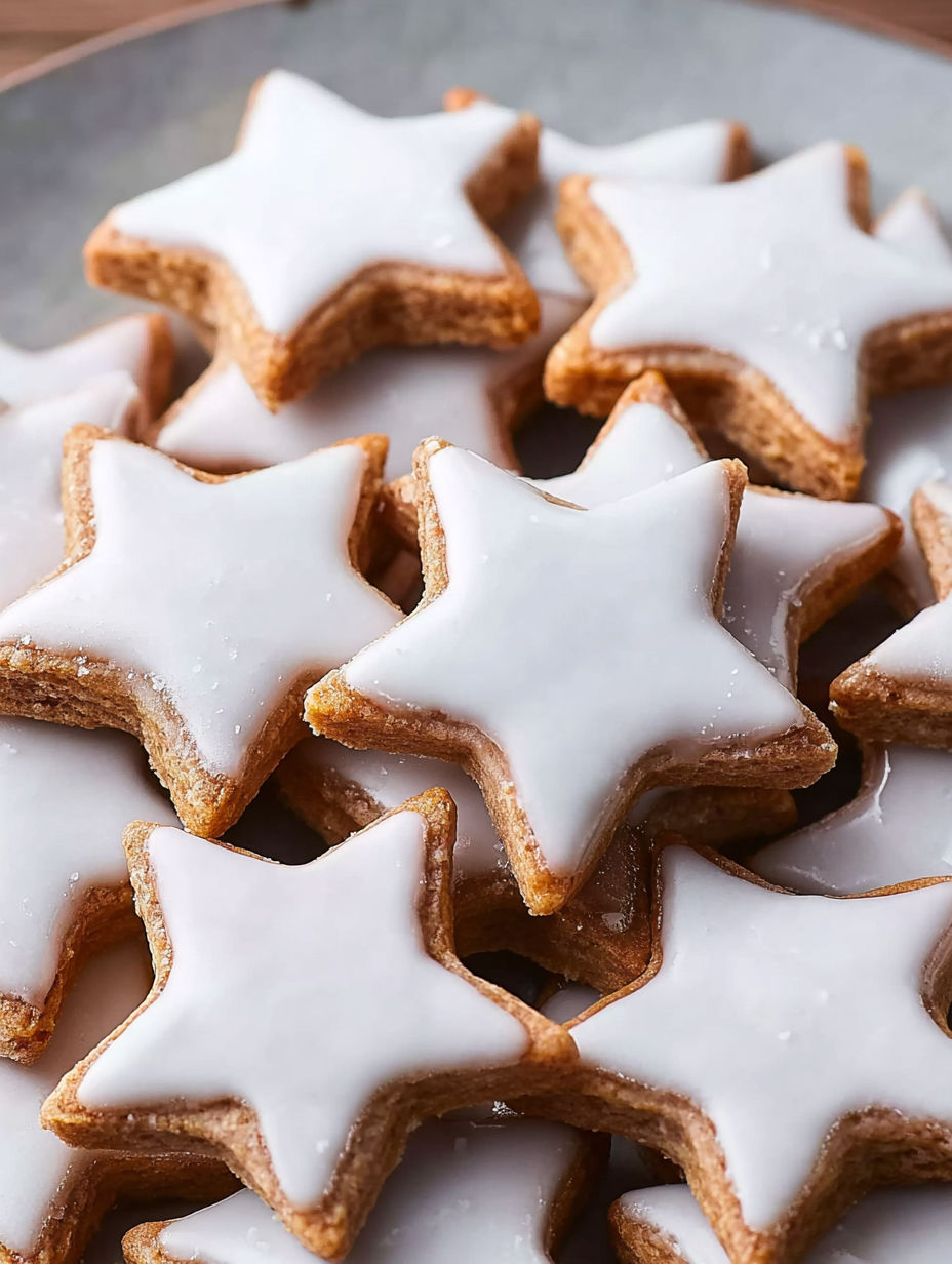 A plate of cookies with white icing and star shapes.