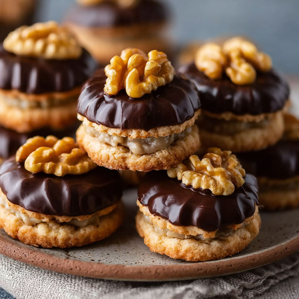 A plate of Omas Walnuss-Marzipan-Plätzchen.