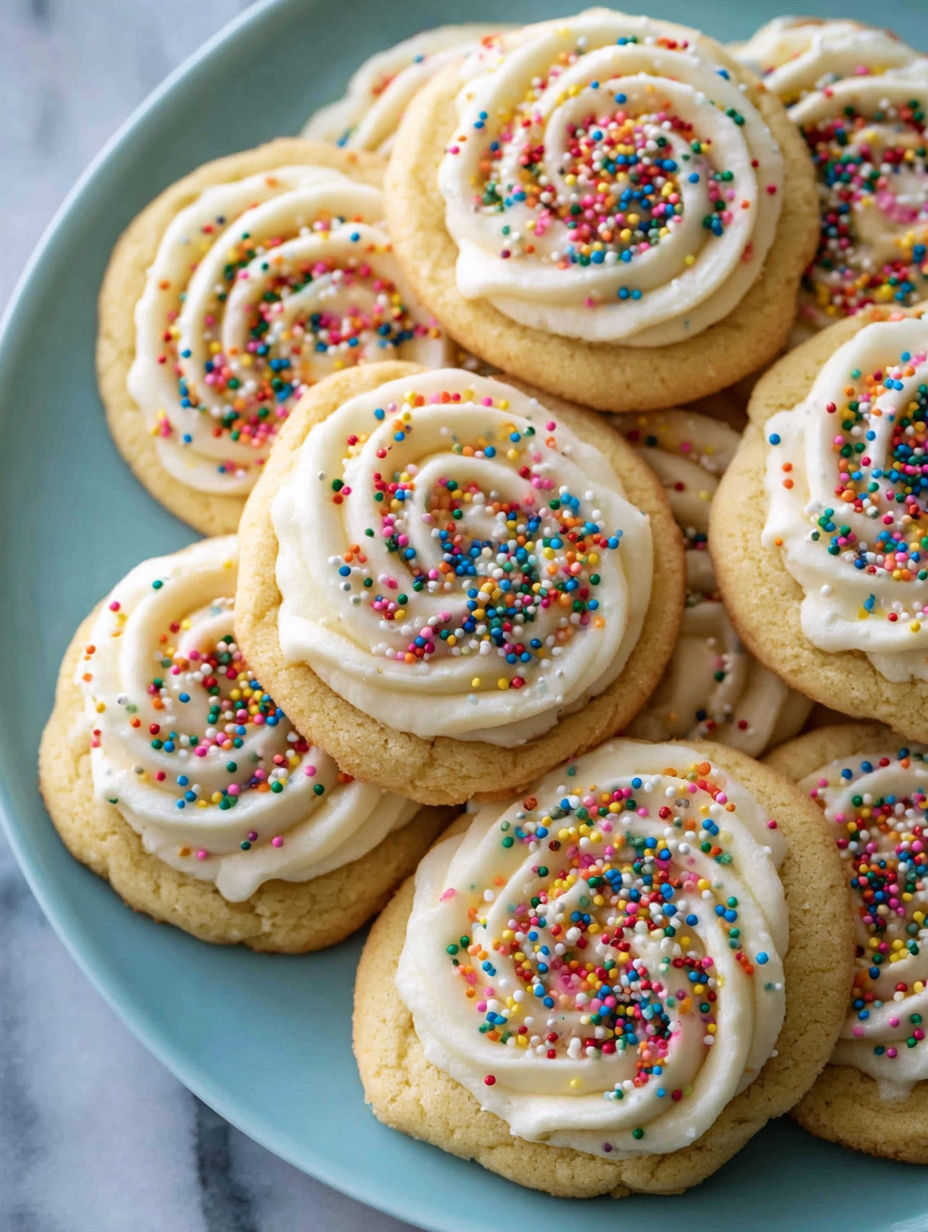 A plate of sugar cookies with cream cheese frosting.
