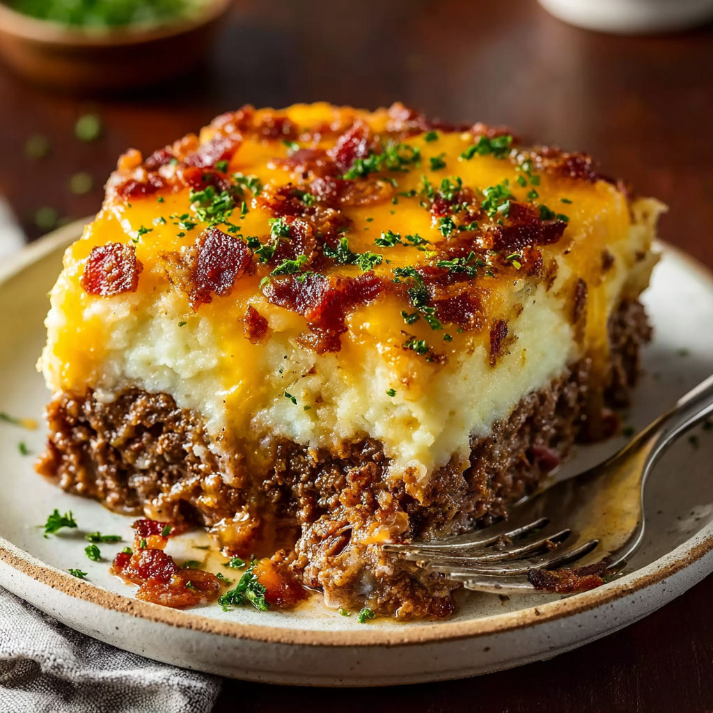 A slice of casserole with bacon and cheese.