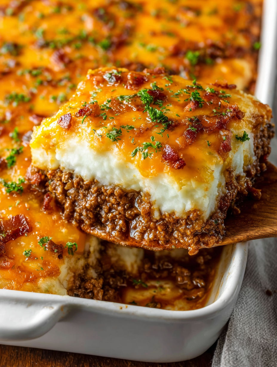 A close up of a dish with meat and cheese.
