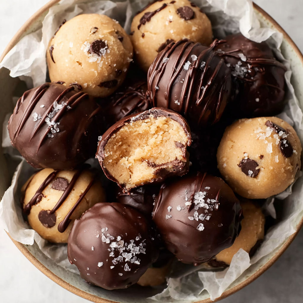 A bowl of chocolate covered cookie dough bites.