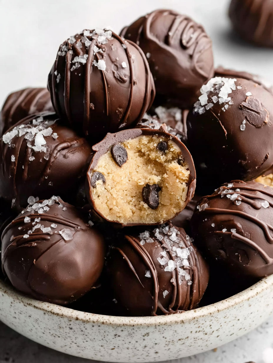 A bowl of chocolate covered cookies.
