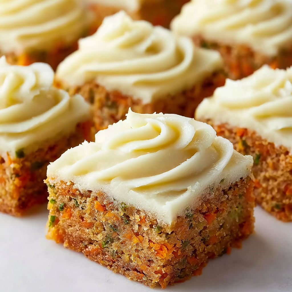 A square of cake with white frosting and carrot and zucchini pieces.