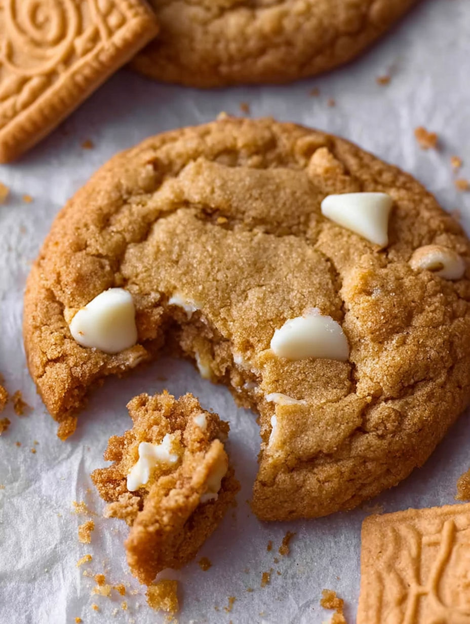A half eaten cookie with white chips.