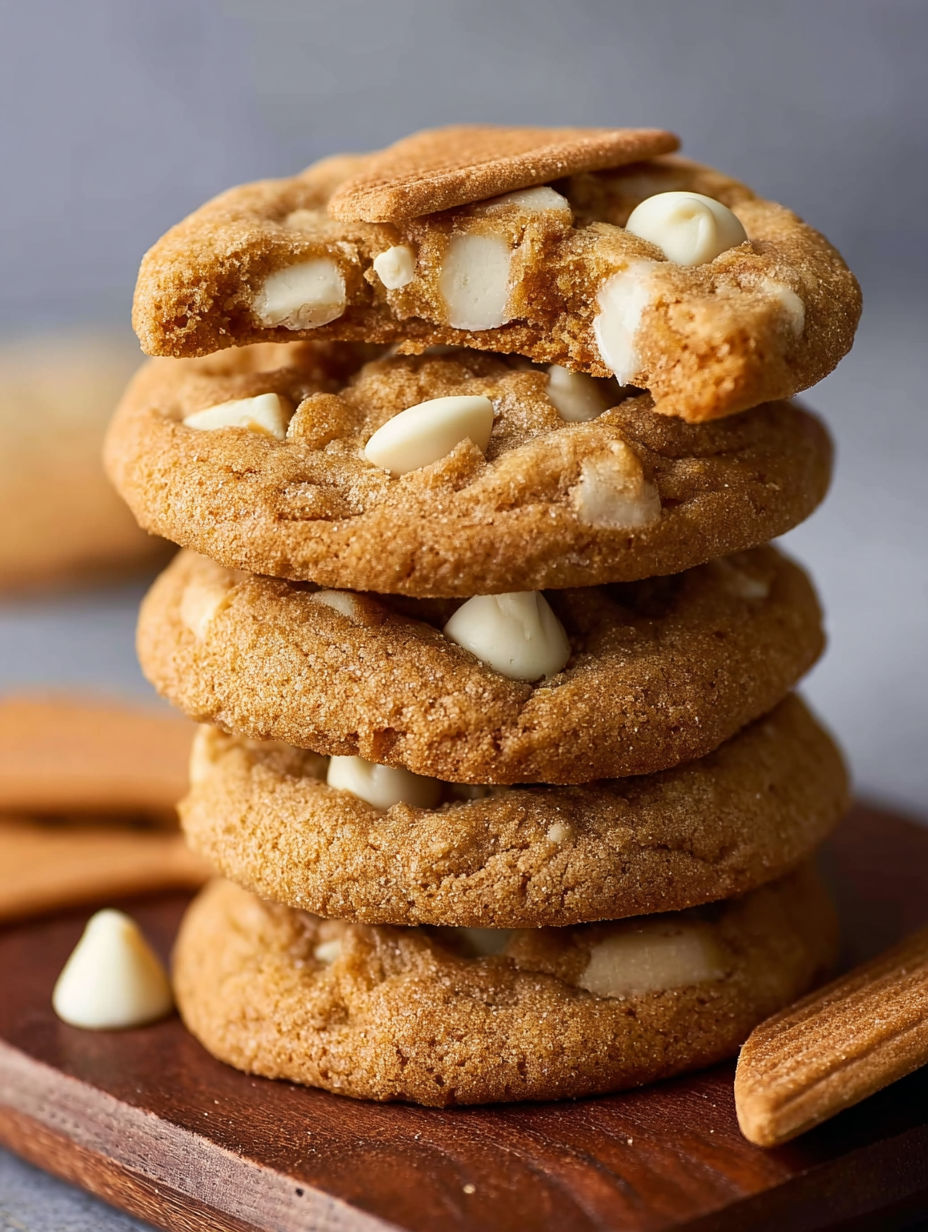 A stack of Crumbl Biscoff White Chip Cookies.