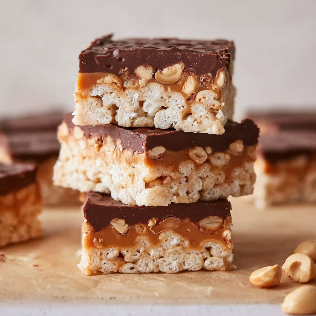 A stack of Snickers Rice Crispy Treats.