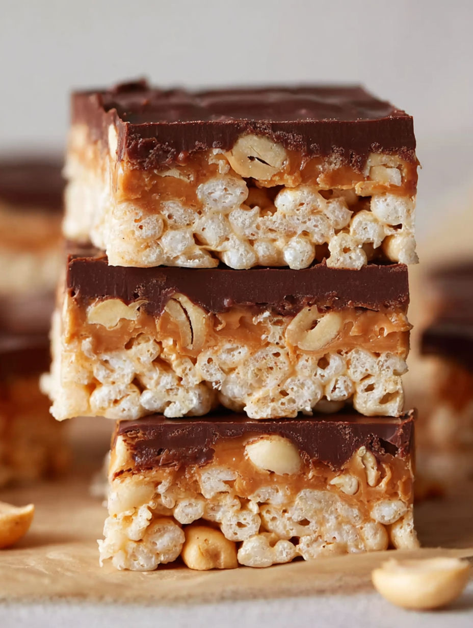 A stack of Snickers Rice Crispy Treats.